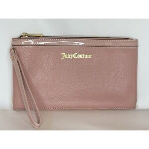 Juicy Couture Pink Wristlet Clutch Gold Logo Zip Pouch Faux Leather